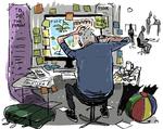 Alene det, at ferien er på vej, kan udløse feriestress, hvis alt skal tjekkes og planlægges hjemmefra. Mens man stadig har travlt på jobbet. Tegning Mette Dreyer