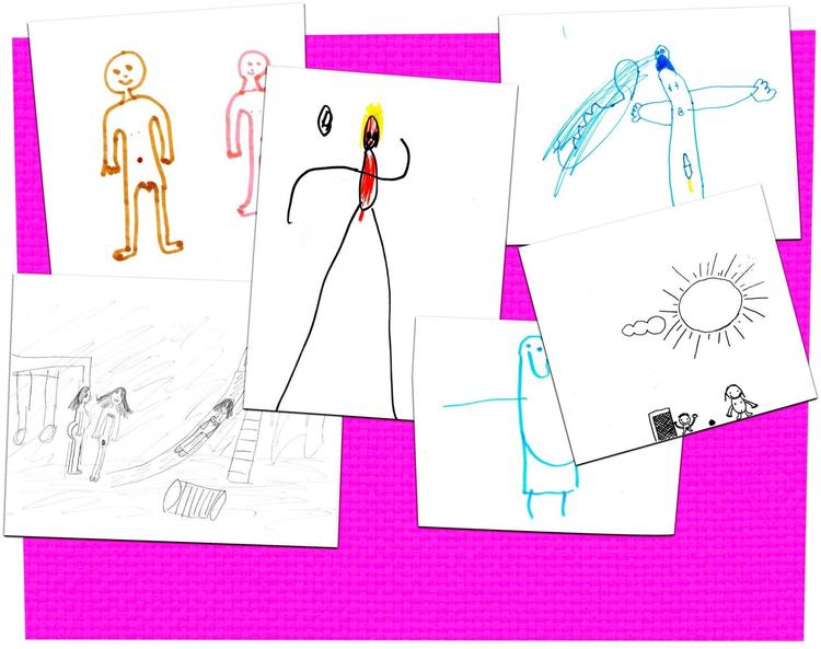 Børn har tegnet nøgne børn, der leger. Bidrag fra: Flora, 8 år, Lasse, 6 år, Kaya, 8 år, Benjamin, 5 år, Ea, 4 år, og Gustav, 9 år. 