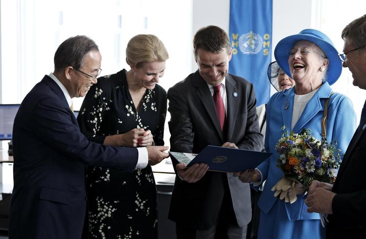 Der var god stemning, da FN Byen i Københavns Nordhavn blev indviet for fire år siden. Fra venstre er det daværende generalsekretær for FN, Ban Ki-moon, daværende statsminister Helle Thorning, daværende udviklingsminister Christian Friis Bach og dronning Margrethe. 