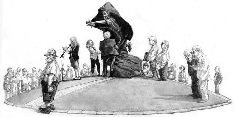  Frederikshavn hylder bysbarnet Harald Nielsen med en statue. Ved mikrofonen ses (fra venstre) borgmester Birgit Hansen, Harald Nielsens enke, Rudi, deres søn Henrik Nielsen, billedkunstner Christian Svendsen, sportsjournalist Tommy Poulsen, pensionist Henning Nielsen og Politiken-journalist Rasmus Bech. Tegning: Roald Als Tegning: Roald Als