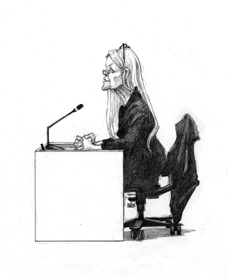 Tidligere anklager Trine Sorgenfri bør ifølge Anklagemyndigheden straffes med seks måneders ubetinget fængsel for løgn i retten og for at forsøge at påvirke politividner. Tegning Roald Als