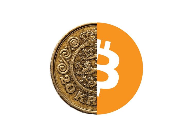 »Bitcoinsystemet er mere ærligt – her er ansvaret for måleenheden af valutaen og magten over mængden af valuta netop samlet samme sted. Sådan er det også med vores mønter og sedler, som jo kun Nationalbanken kan lave«, siger Ole Bjerg. 
Illustration: Liv Packness 