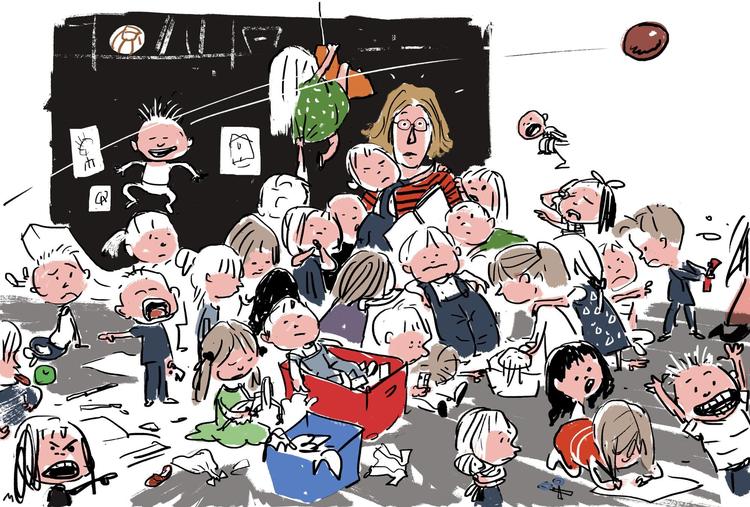 Jeg ville ønske, forældre havde flere omsorgsdage som i Sverige, når børnene er syge. Det ville også være oplagt, hvis forældre kunne gå ned i tid, så de ikke var så trætte, når de kom hjem, siger Grethe Kragh-Müller. Tegning: Mette Dreyer.  