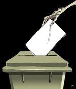 Demokratiet vil, ligesom alle andre styreformer, kollapse.  Tegning:  Anne-Marie Steen Petersen 