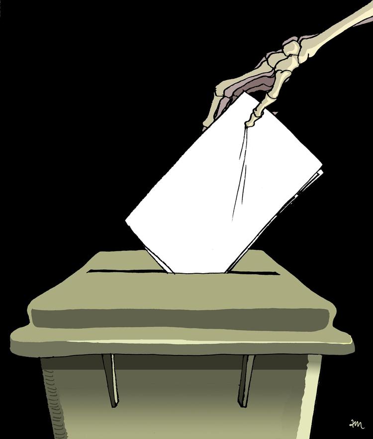 Demokratiet vil, ligesom alle andre styreformer, kollapse.  Tegning:  Anne-Marie Steen Petersen 