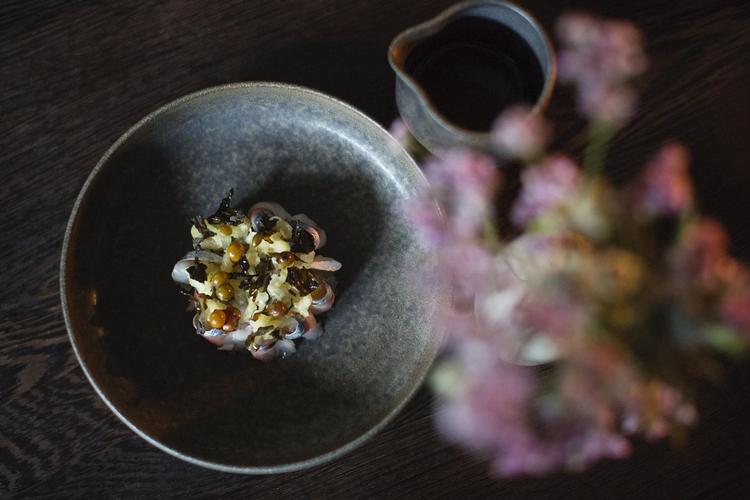 Saltet makrel serveret som sashimi i tynde skiver i kosho-sauce med yuzu skulle vise sig at blive aftenens bedste ret. 