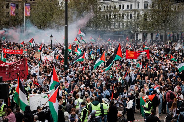 De seneste måneder har der regelmæssigt været demonstrationer i Malmø til støtte for Palæstina. Her ses en demonstration forud for Eurovision i maj. Foto: Emil Bay