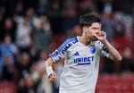 FCKs Kevin Diks fejrer sin scoring til 1-0 under Conference League kvalifikationskampen mellem FC København og Kilmarnock FC i København. Københavnerne vandt også returkampen og er derfor gået videre til gruppekampene. Foto: Liselotte Sabroe/Ritzau Scanpix