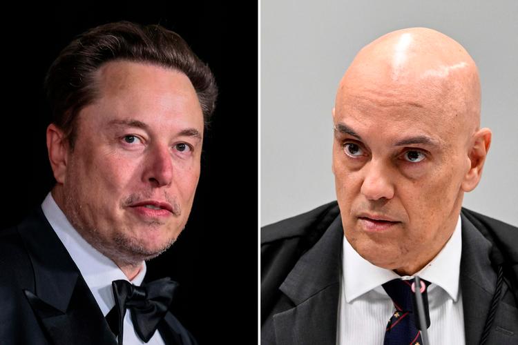 Elon Musk (t.v.) har skarpt kritiseret højesteretsdommer Alexandre de Moraes for at gribe ind i samtalen på det sociale medie X, som Musk ejer. Foto: Etienne Laurent/Ritzau Scanpix