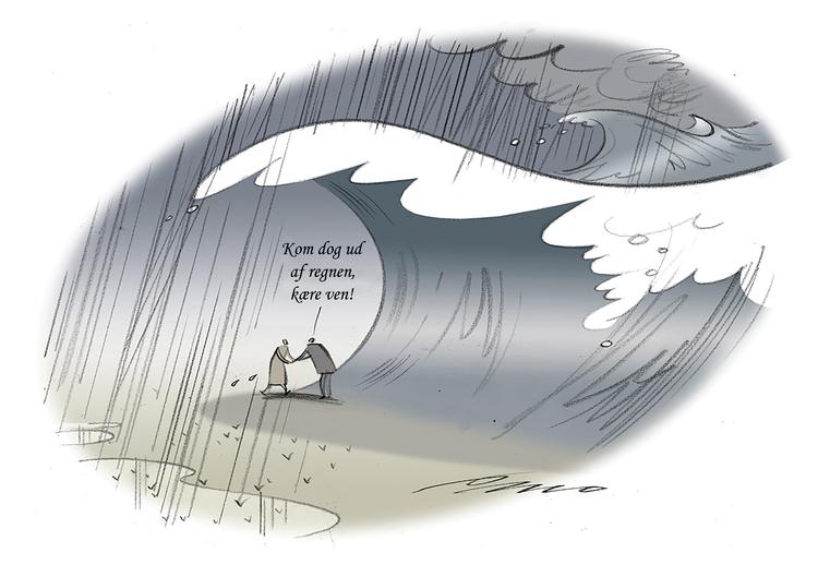 Rubrik: Kom i tørvejr
Billedtekst: Forfatter &amp; kulturforsker ved Aalborg Universitet, Gregers Andersen, mener at alt for mange danskere ikke har fattet klimakrisens alvor og simpelthen lever i en slags parallelverden, hvor den virkelige verdens risici ikke får lov at trænge ind og påvirke deres adfærd.
Kreditering: Tegning: Per Marquard Otzen Tegning Per Marquard Otzen