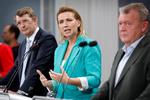 Pressemøde i Statsministeriet om regeringens sundhedsreform. Indenrigs- og sundhedsminister Sophie Løhde (V), forsvarsminister Troels Lund Poulsen (V), statsminister Mette Frederiksen (S) og udenrigsminister Lars Løkke Rasmussen (M). Foto: Jens Dresling