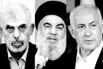 Yahya Sinwar (leder af Hamas), Hassan Nazrallah (leder af Hizbollah) og Benjamin Netanyahu (Israels præsident). Foto: Adel Hana / Ritzau Scanpix. Fotocollage: Tomas Østergren