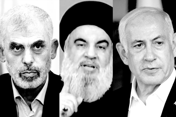 Yahya Sinwar (leder af Hamas), Hassan Nazrallah (leder af Hizbollah) og Benjamin Netanyahu (Israels præsident). Foto: Adel Hana / Ritzau Scanpix. Fotocollage: Tomas Østergren