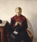 Michael Anchers unge strikkende fiskepige er et eksempel på, at håndværket blev skildret i kunsten fra begyndelsen af 1800-tallet.   Foto: Kunstmuseum Brandts