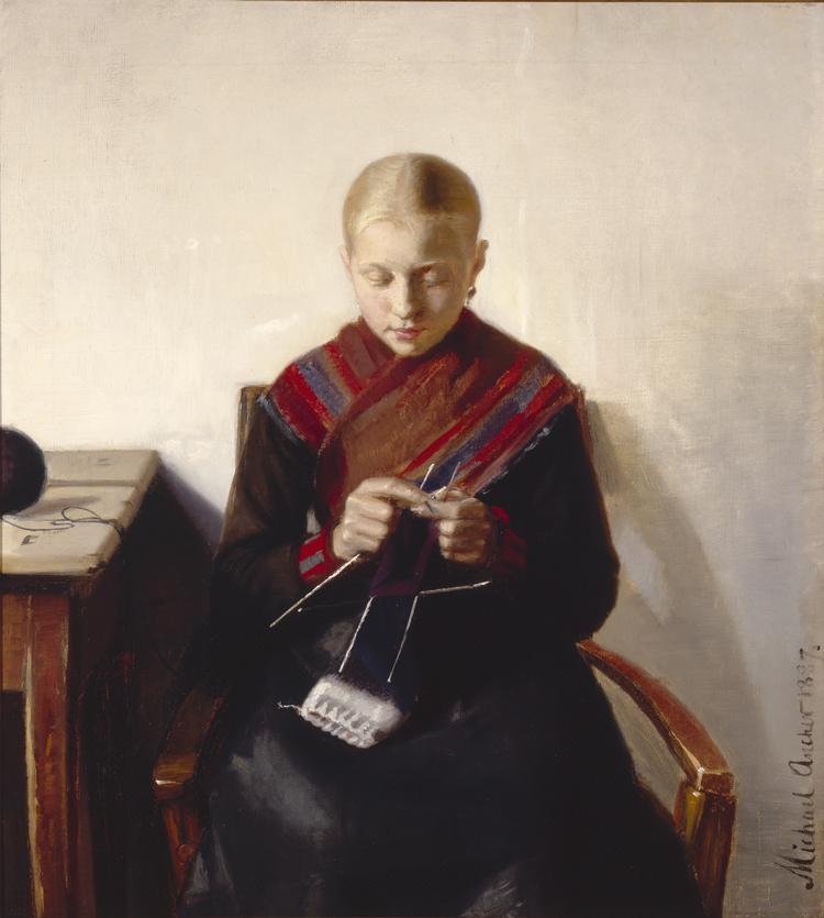 Michael Anchers unge strikkende fiskepige er et eksempel på, at håndværket blev skildret i kunsten fra begyndelsen af 1800-tallet.   Foto: Kunstmuseum Brandts