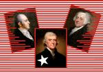 I 1800 kæmpede revolutionsheltene John Adams (ø.t.h.) og Thomas Jefferson (i midten) om præsidentposten – men pludselig kom Aaron Burr ind fra sidelinjen. Valget var præget af vilde anklager og rygter om prostitution, kønsidentitet og diktatoriske tendenser. Collage. Originalfoto: New York Historical/Public domain / White House Collection/White House Historical Association / National Gallery of Art. 