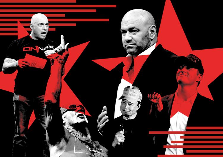 Fra venstre: Joe Rogan, Hulk Hogan, Elon Musk og Dana White.  Illustration: Caroline Niegaard. Originalfoto: Gregory Payan / Anna Moneymaker / Jasen Vinlove / Rachel Wisniewski / Brian Snyder/Ritzau Scanpix