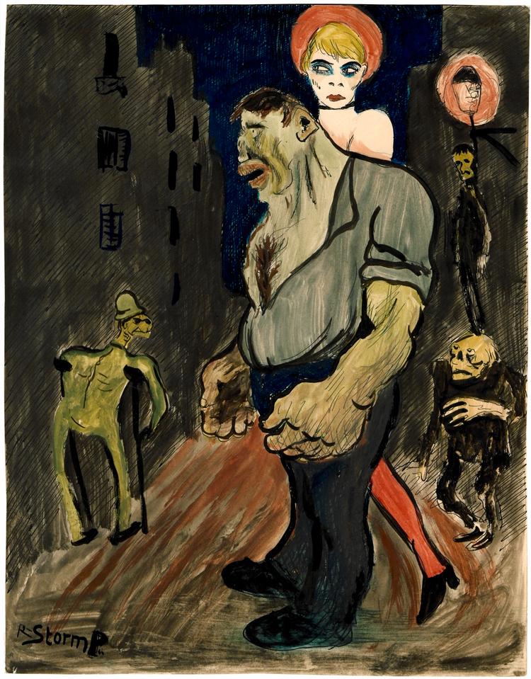 Robert Storm Petersens 'Nattetegninger' (1919), der kan ses på Øregaard Museums 'Mareridt og lyse nætter – Natten i dansk kunst',​  befinder sig et sted mellem rå realisme i den ekspressive tradition og satire.  Foto: Frederiksbergmuseerne