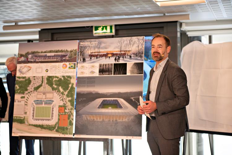 Den nu daværende borgmester i Aarhus, Jacob Bundsgaard (S) præsenterede i december 2022 det nye stadion, der udover at huse AGF's hjemmekampe også skal huse indtil nu to landskampe.  Foto: Stine Schjøtler