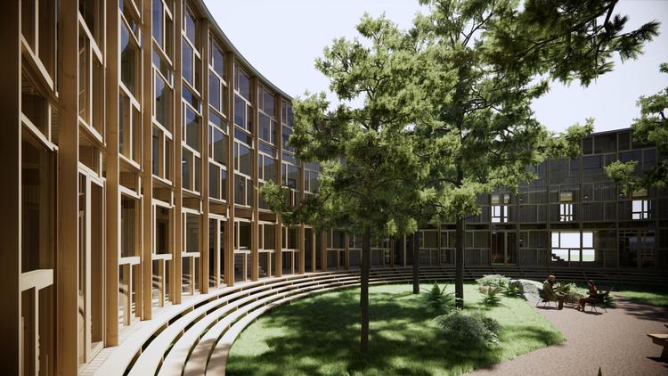 Rent træbyggeri, genbrugsvinduer og passiv solopvarmning i ankomstzonen ud mod gården. Søgården er tegnet af Vilhelm Lauritzen og projekteret til Glumsø for  Boligselskabet Sjælland. Landskab af Thingbrandt. Illustration Vilhelm Lauritzen Arkitekter