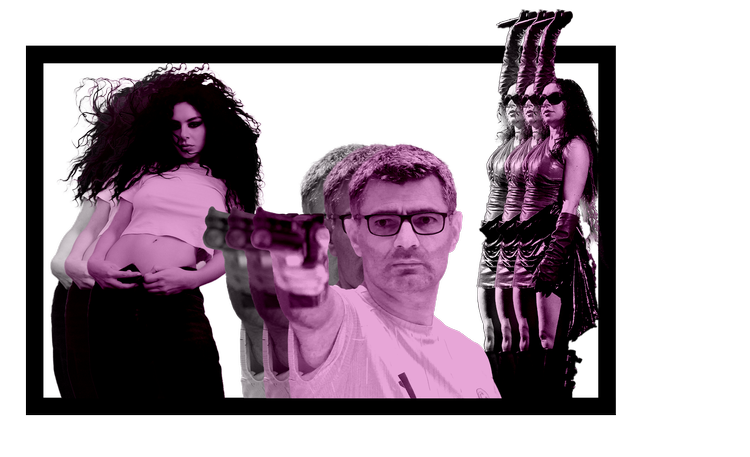 Charlie XCX og fænomenet Brat var noget nær alle vegne i 2024. Hun omgiver her den tyrkiske skytte Yusuf Dikeç, der blev en af sommerens OL's usandsynlige helte.  Foto: Harley Weir, Cagla Gurdogan, Thomas Borberg. Illustration: Freja Juul Pedersen 