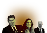 Jeg ser Joe Biden på en anden måde i dag, end jeg gjorde i sommer, skriver Patti Davis, her placeret mellem sin far Ronald Reagan og USA's præsident, Joe Biden. Foto: Randy Rasmuss, Ritzau Scanpix, Nathan Howard. Kollage: Freja Juul Pedersen