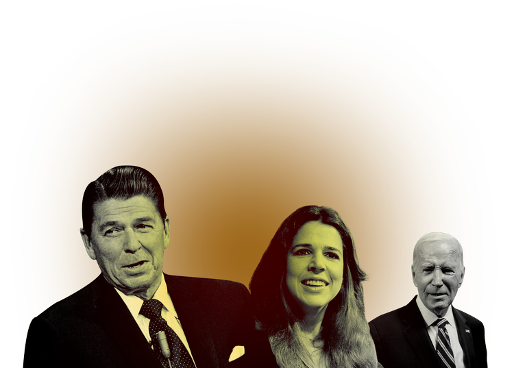 Jeg ser Joe Biden på en anden måde i dag, end jeg gjorde i sommer, skriver Patti Davis, her placeret mellem sin far Ronald Reagan og USA's præsident, Joe Biden. Foto: Randy Rasmuss, Ritzau Scanpix, Nathan Howard. Kollage: Freja Juul Pedersen