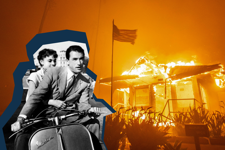 Når man ser Los Angeles og Hollywood i flammer, føles det som andet og mere end en brand. Som om der er mere på spil.  Collage: Caroline Niegaard: illustration. Originalfoto: Cinetext Bildarchiv/Ringo Chiu/Ritzau Scanpix