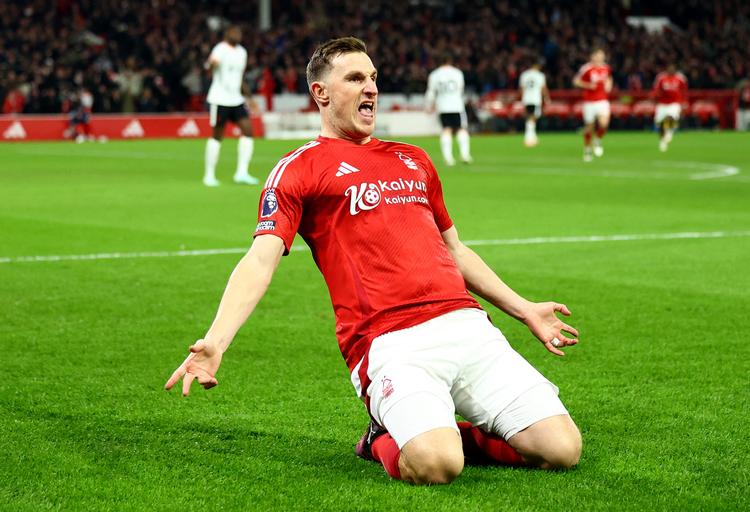 Nottingham Forests Chris Wood bragte hjemmeholdet foran med 1-0 mod Liverpool allerede i det ottende minut. Foto: Andrew Boyers/Ritzau Scanpix