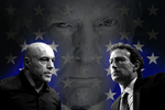 Fra venstre ses podcastvært Joe Rogan, kommende præsident i USA Donald Trump og Metas topchef Mark Zuckerberg.  Illustration: Caroline Niegaard. Originalfoto: Mark J. Rebilas / Trump Vance Transition Team Hand / Brendan Smialowski/Ritzau Scanpiz
