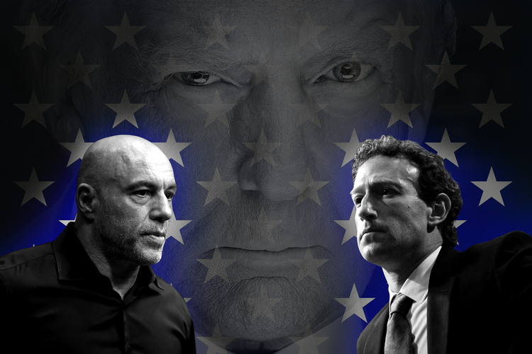 Fra venstre ses podcastvært Joe Rogan, kommende præsident i USA Donald Trump og Metas topchef Mark Zuckerberg.  Illustration: Caroline Niegaard. Originalfoto: Mark J. Rebilas / Trump Vance Transition Team Hand / Brendan Smialowski/Ritzau Scanpiz
