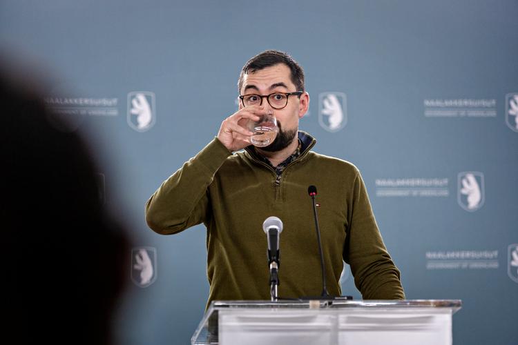 Pressemøde med Múte B. Egede, formand for partiet Inuit Ataqatigiit og formand for Naalakkersuisut (Grønlands regering). Donald Trumps ønske om overtage Grønland har rusket i processen om grønlandsk selvstændighed inden parlamentsvalget 11. marts. Foto: Martin Lehmann/Ritzau Scanpix