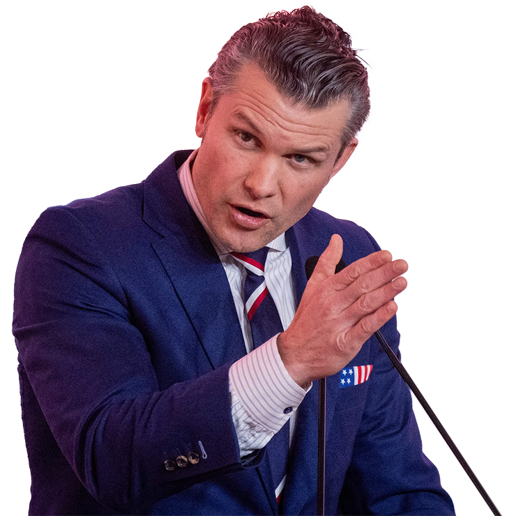 USA's forsvarsminister, Pete Hegseth, 
under en pressekonference i Warszawa 19. februar 2025. Han kiggede ned, da han tidligere på måneden blev spurgt, om USA vil forhøje sine forsvarsudgifter til 5 procent.  Foto: Wojtek Radwanski/Ritzau Scanpix