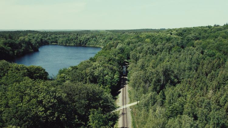 Kan den klare transportbehovet? En ensporet jernbane løber gennem tæt skov i filmen 'En ny bymur af natur' af Atelier for Byers Rum. Foto: Still fra filmen 'En ny bymur af natur' af Atelier for Byers Rum