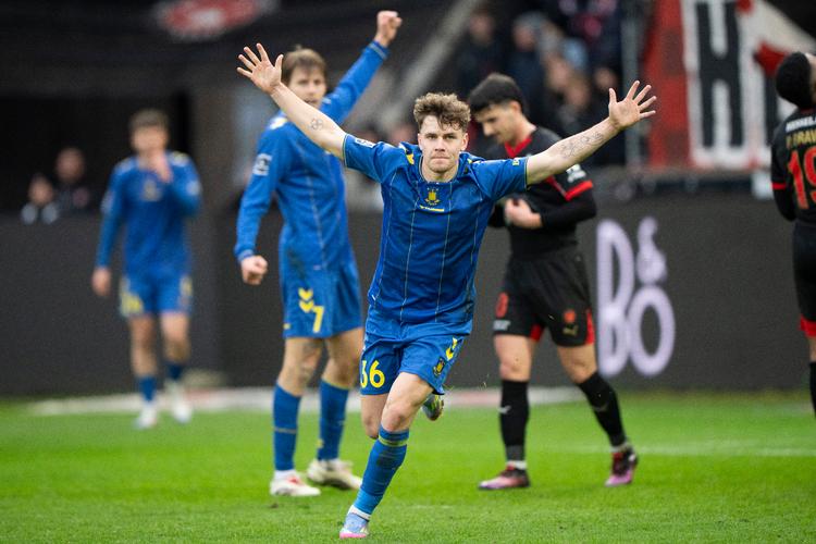 Brøndbys angriber Mathias Kvistgaarden scorede kampens første mål i sejren over FCM. Foto: Bo Amstrup/Ritzau Scanpix