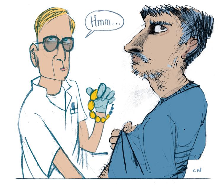 I en grundig undersøgelse af éns niveau af det mandlige kønshormon testosteron kan størrelsen på testiklerne give et indirekte fingerpeg om, hvorvidt man er i underskud med testosteron eller ej. Den test kom jeg også igennem under min udredning for eventuel testosteronmangel, hvor overlægen brugte en særlig perlekæde – et orkidometer – for at kunne føle sig frem til størrelsen. Foto: Claus Nørregaard/POLITIKEN