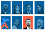 Øverste række fra venstre: Senator Cory Booker, senator Elissa Slotkin, tidligere minister Pete Buttigieg og medlem af Repræsentanternes Hus Alexandria Ocasio-Cortez. Nederst fra venstre: Guvernør Wes Moore, guvernør Gavin Newsom og guvernør Tim Walz.  Kollage: Hege Børrud Huseby. Originalfoto: Ritzau Scanpix, Unsplash