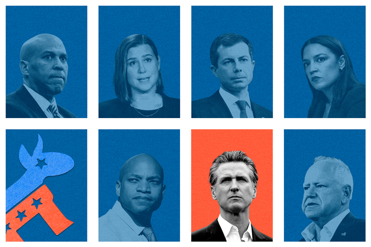 Øverste række fra venstre: Senator Cory Booker, senator Elissa Slotkin, tidligere minister Pete Buttigieg og medlem af Repræsentanternes Hus Alexandria Ocasio-Cortez. Nederst fra venstre: Guvernør Wes Moore, guvernør Gavin Newsom og guvernør Tim Walz.  Kollage: Hege Børrud Huseby. Originalfoto: Ritzau Scanpix, Unsplash