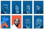 Øverste række fra venstre: Senator Cory Booker, senator Elissa Slotkin, tidligere minister Pete Buttigieg og medlem af Repræsentanternes Hus Alexandria Ocasio-Cortez. Nederst fra venstre: Guvernør Wes Moore, guvernør Gavin Newsom og guvernør Tim Walz.  Kollage: Hege Børrud Huseby. Originalfoto: Ritzau Scanpix, Unsplash