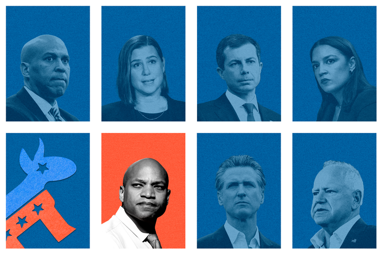 Øverste række fra venstre: Senator Cory Booker, senator Elissa Slotkin, tidligere minister Pete Buttigieg og medlem af Repræsentanternes Hus Alexandria Ocasio-Cortez. Nederst fra venstre: Guvernør Wes Moore, guvernør Gavin Newsom og guvernør Tim Walz.  Kollage: Hege Børrud Huseby. Originalfoto: Ritzau Scanpix, Unsplash