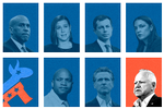 Øverste række fra venstre: Senator Cory Booker, senator Elissa Slotkin, tidligere minister Pete Buttigieg og medlem af Repræsentanternes Hus Alexandria Ocasio-Cortez. Nederst fra venstre: Guvernør Wes Moore, guvernør Gavin Newsom og guvernør Tim Walz.  Kollage: Hege Børrud Huseby. Originalfoto: Ritzau Scanpix, Unsplash