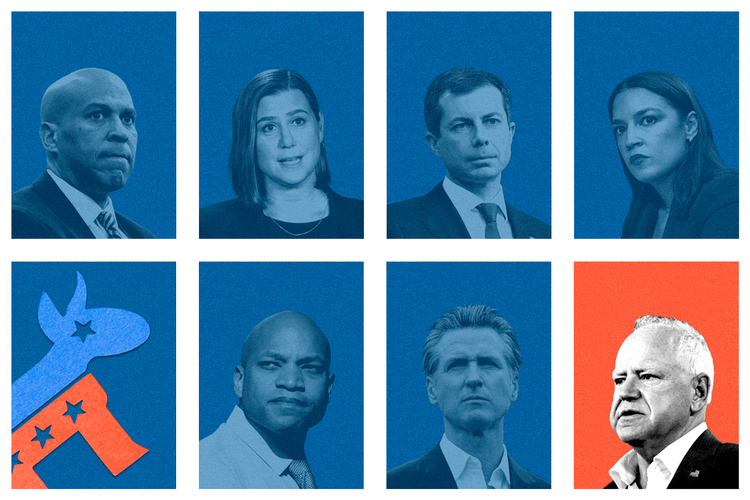 Øverste række fra venstre: Senator Cory Booker, senator Elissa Slotkin, tidligere minister Pete Buttigieg og medlem af Repræsentanternes Hus Alexandria Ocasio-Cortez. Nederst fra venstre: Guvernør Wes Moore, guvernør Gavin Newsom og guvernør Tim Walz.  Kollage: Hege Børrud Huseby. Originalfoto: Ritzau Scanpix, Unsplash