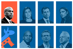 Øverste række fra venstre: Senator Cory Booker, senator Elissa Slotkin, tidligere minister Pete Buttigieg og medlem af Repræsentanternes Hus Alexandria Ocasio-Cortez. Nederst fra venstre: Guvernør Wes Moore, guvernør Gavin Newsom og guvernør Tim Walz.  Kollage: Hege Børrud Huseby. Originalfoto: Ritzau Scanpix, Unsplash
