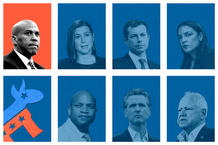 Øverste række fra venstre: Senator Cory Booker, senator Elissa Slotkin, tidligere minister Pete Buttigieg og medlem af Repræsentanternes Hus Alexandria Ocasio-Cortez. Nederst fra venstre: Guvernør Wes Moore, guvernør Gavin Newsom og guvernør Tim Walz.  Kollage: Hege Børrud Huseby. Originalfoto: Ritzau Scanpix, Unsplash