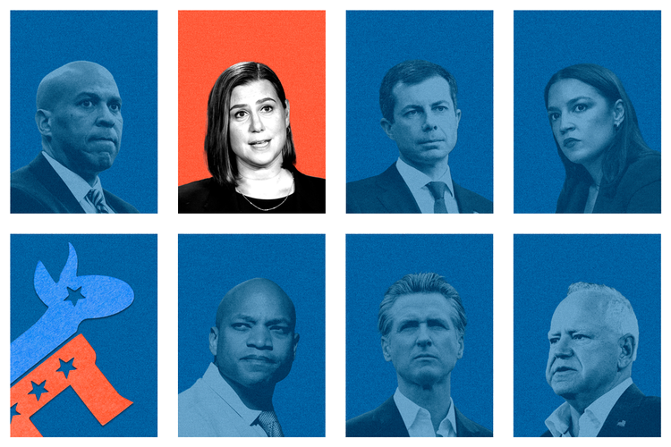 Øverste række fra venstre: Senator Cory Booker, senator Elissa Slotkin, tidligere minister Pete Buttigieg og medlem af Repræsentanternes Hus Alexandria Ocasio-Cortez. Nederst fra venstre: Guvernør Wes Moore, guvernør Gavin Newsom og guvernør Tim Walz.  Kollage: Hege Børrud Huseby. Originalfoto: Ritzau Scanpix, Unsplash