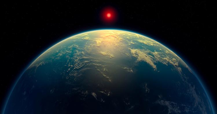 Cambridge University, som står bag den nye opdagelse, har kreeret denne illustration af en exoplanet med flydende vand og en hydrogen-rig atmosfære kredsende om en stjerne af typen 'rød dværg'. Foto: University Of Cambridge/Ritzau Scanpix