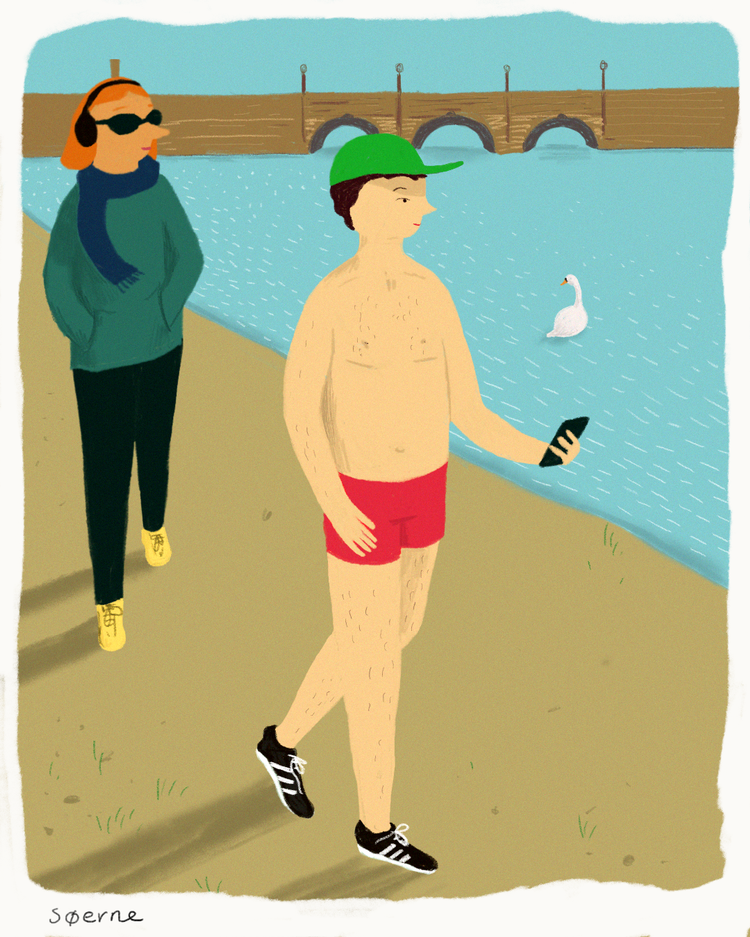 På listen over faste forårsbebudere: Kirsebærtræer, anemoner og halvnøgne løbere omkring Søerne. Tegning Ida Marie Sandgren