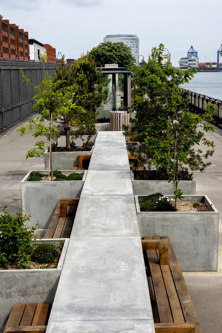 Et 100 meter langt bord af egetræ og beton er blevet omdrejningspunktet i en strid mellem beboere ved Langelinie og den virksomhed, der har stillet bordet op og selv beskriver det som en gave til lokalområdet. Foto: Finn Frandsen