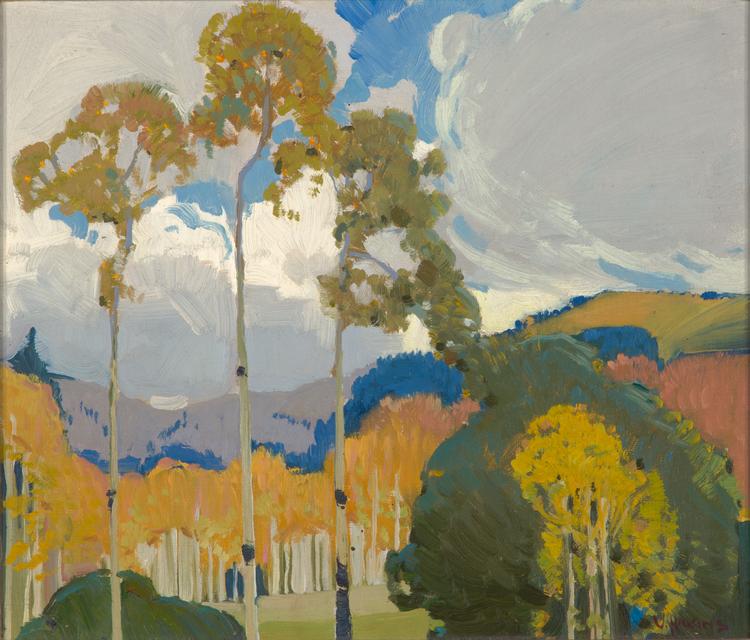 Maleriet her blev solgt under navnet 'Efterårslandskab' i 2018, men Victor Higgins, der malede det, kaldte det for 'Aspetræer'. Maleriet blev stjålet fra et museum i 1985. Foto: Harwood Museum of Art Archives