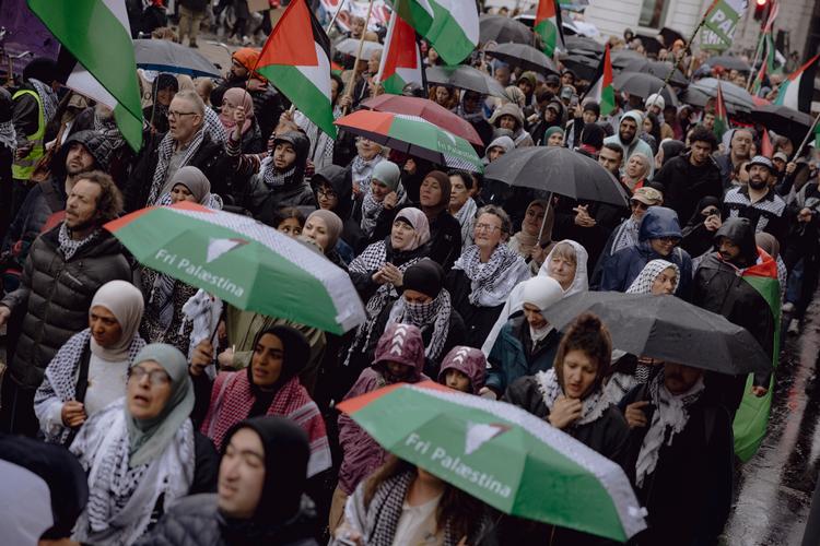 En ny måling fra TrygFonden viser, at krigen i Gaza har ført til konflikter i den danske befolkning. Dette billede er fra 5. maj 2024, hvor en propalæstinensisk demonstration fandt sted, samme dag befrielsen i 1945 blev markeret.  Foto: Benjamin Krog